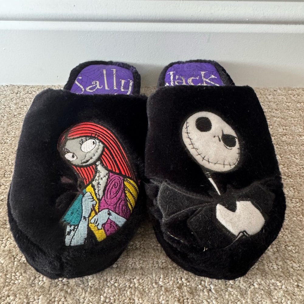 The Nightmare Before Christmas Sally & Jack Plush Slippers - Black with Red